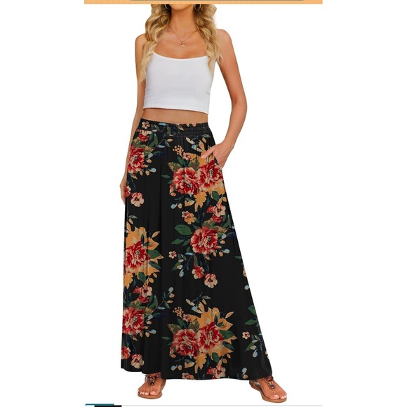 Unbranded Dresses & Skirts - Floral Maxi Skirt Black Rose Print Elastic Waist Pockets Size L US 12-14 Boho